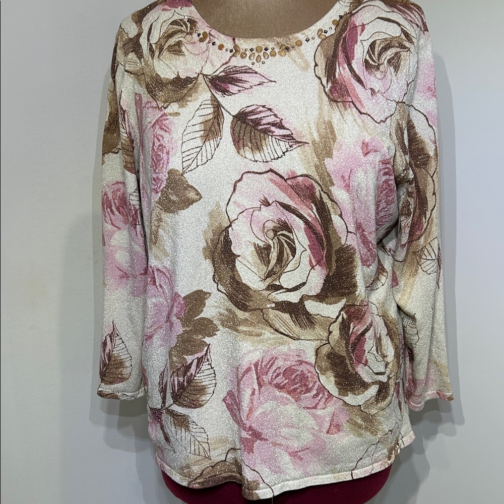 Alfred Dunner floral metallic shimmer pullover blouse / beaded accents | Size 1X